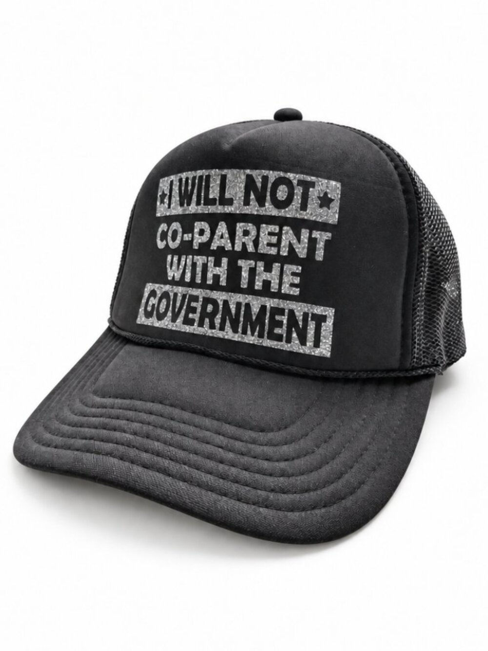Black Trucker Hat “I Will Not Co-Parent With the Government” Mesh Snapback